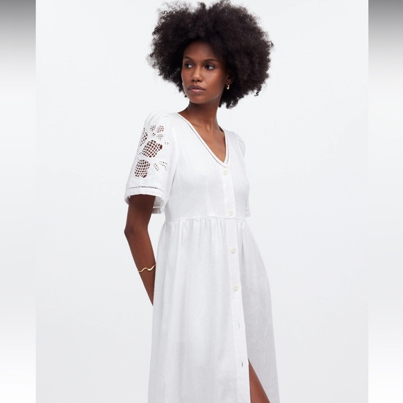 Madewell Cassie Button-Front Midi Dress in Linen XL Eyelet White - Picture 2 of 9